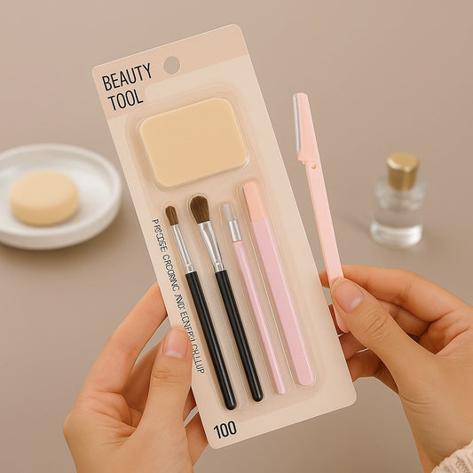 Set de herramientas de maquillaje puff 5 piezas con brochas y esponja, bolsa de 12.