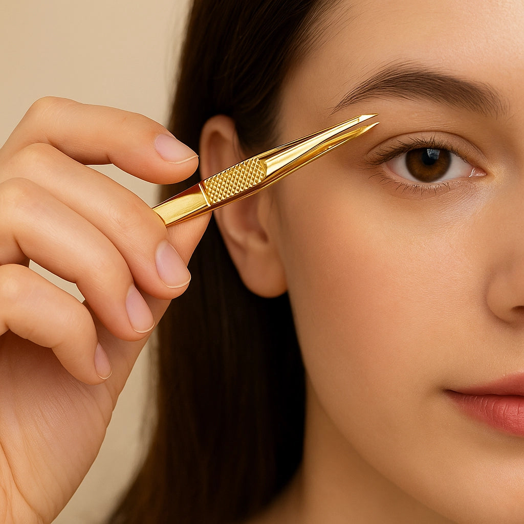 Pinza Premium de Cejas Dorada en Caja – Presentación Individual