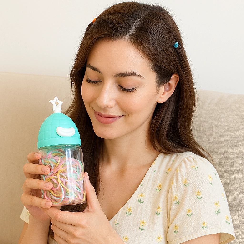 nujer sosteniendo Ligas de colores desechables para cabello en frasco decorativo con tapa de gorro. Caja de 24 unidades, ideal para tiendas y mayoristas.