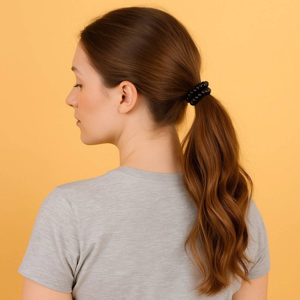 mujer usando Ligas para cabello en espiral doble en el cabello en un fondo tomate