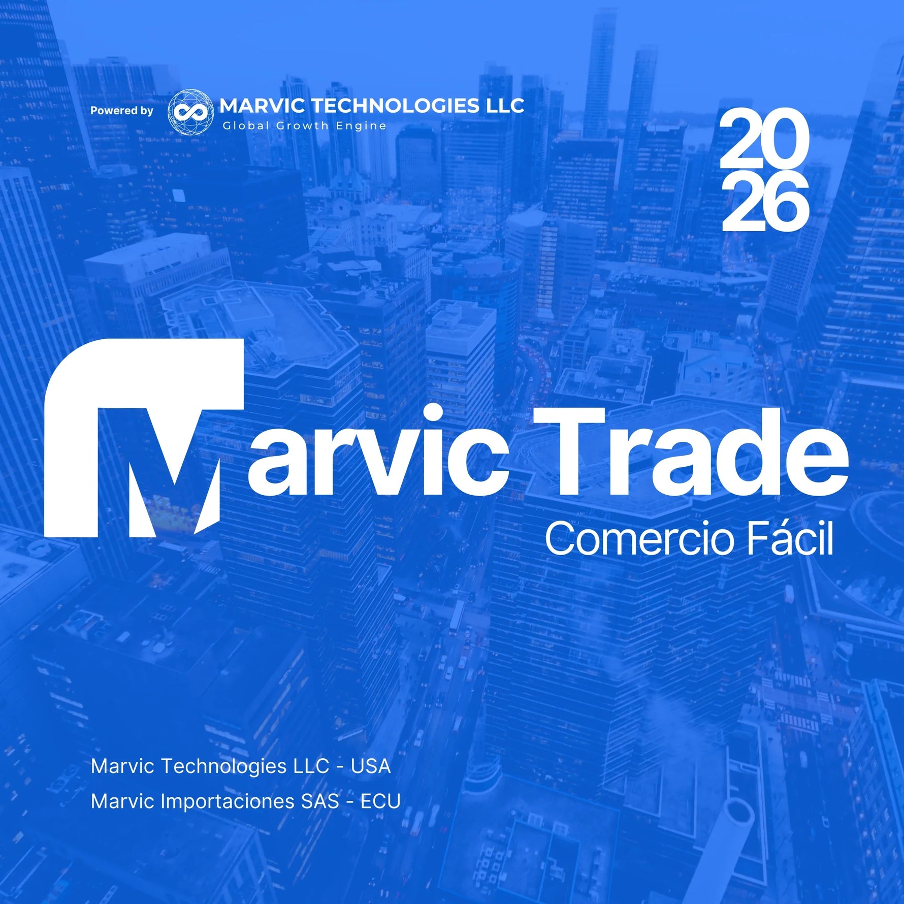 Marvic Trade Logo in a blue background, comercio facil