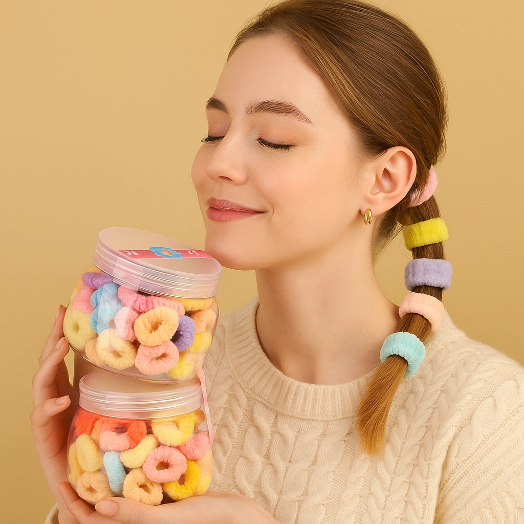 mujer sosteniendo Ligas para el cabello en frasco tipo Big Belly Cup, coloridas y resistentes. Prácticas para uso diario y venta mayorista.