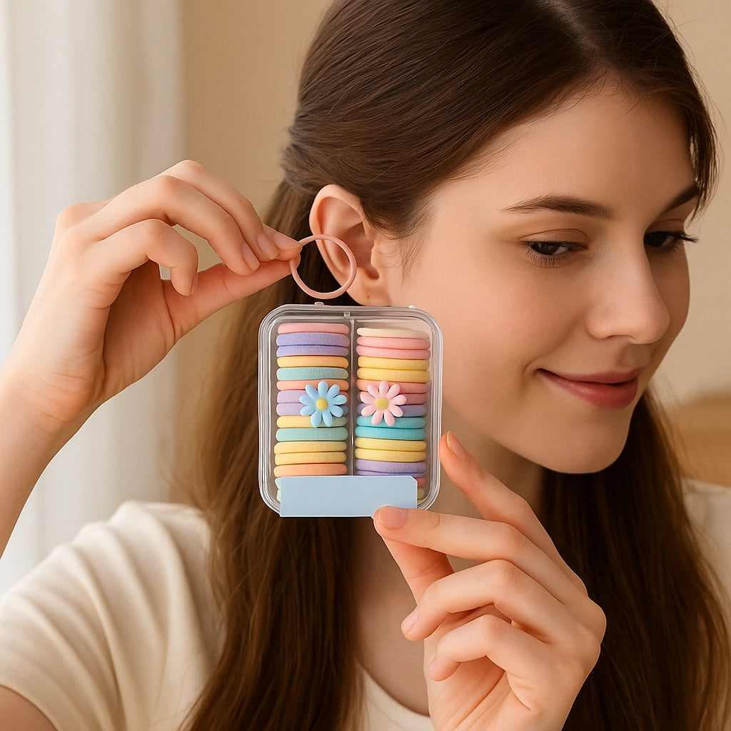 muejer sosteniendo Ligas elásticas de colores en caja cuadrada pequeña, resistentes y prácticas. 