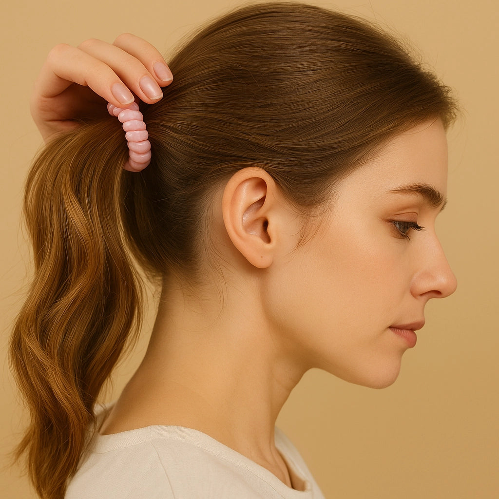 mujer guapa con un set de ligas para el cabellos con forma de cavle de telefono 